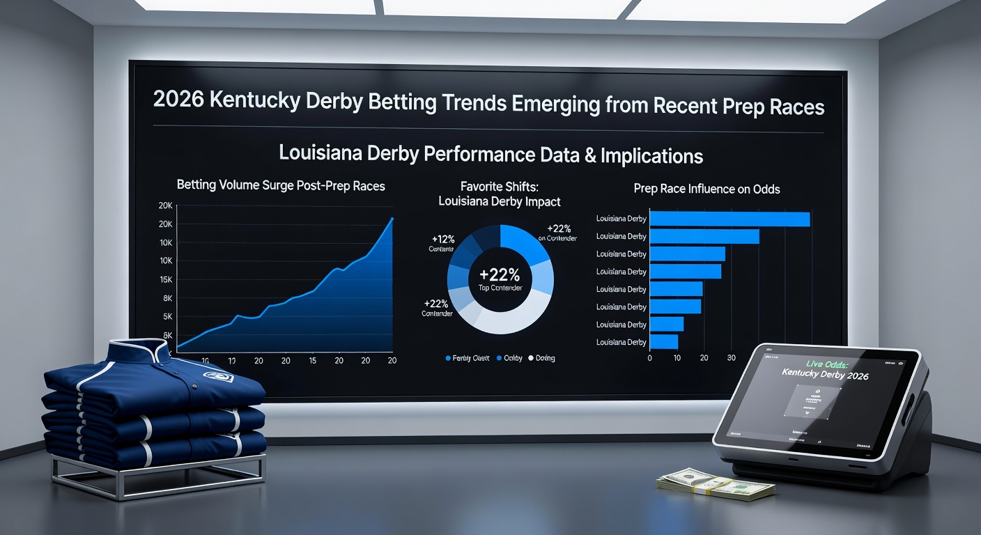 Close-up of a sleek thoroughbred crossing the finish line in a prep race, jockey pumping the whip as the crowd roars, with the tote board in the background showing shifting odds