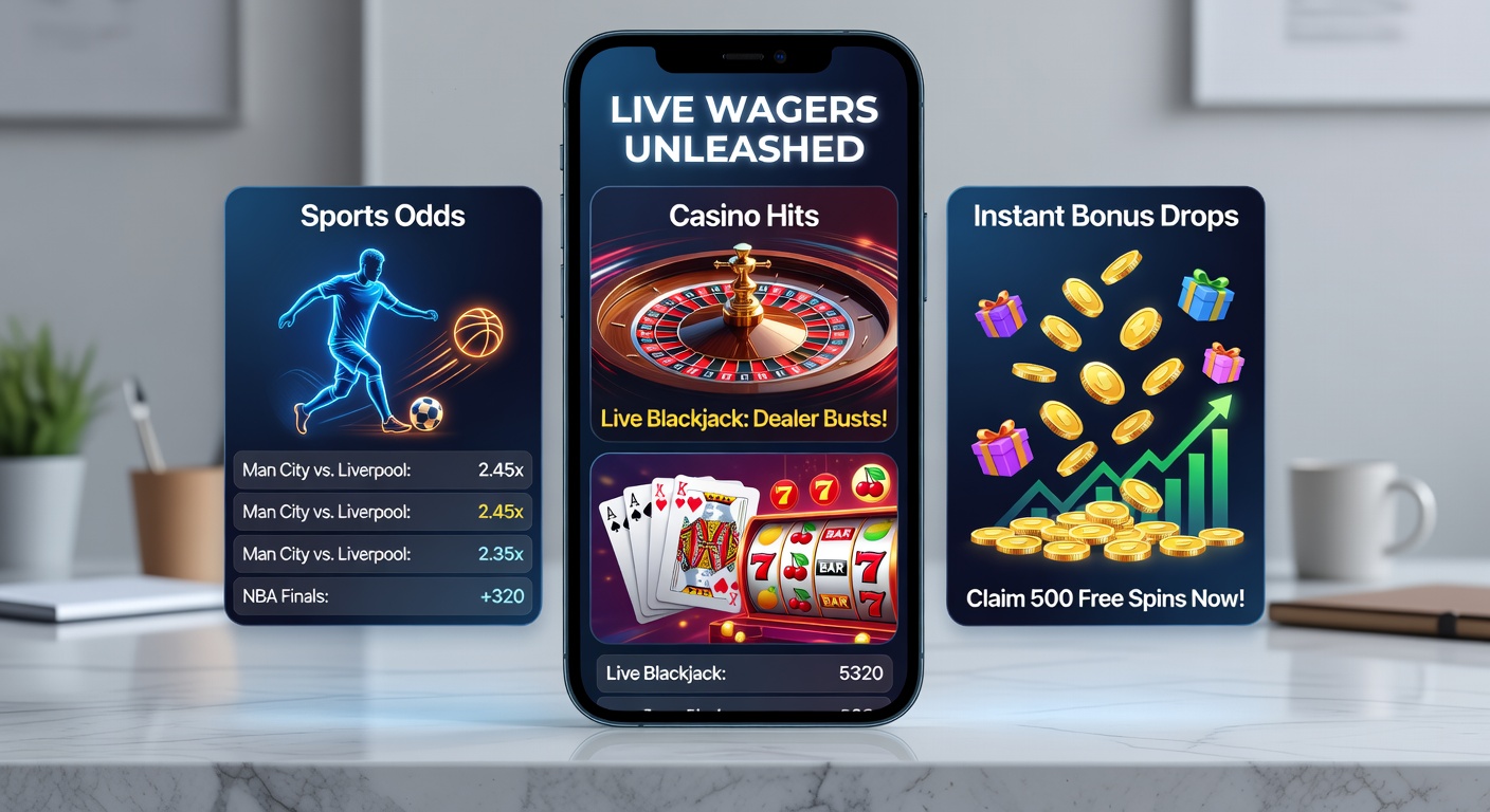 Smartphone displaying casino slots alongside live sports betting interface and bonus drop alert