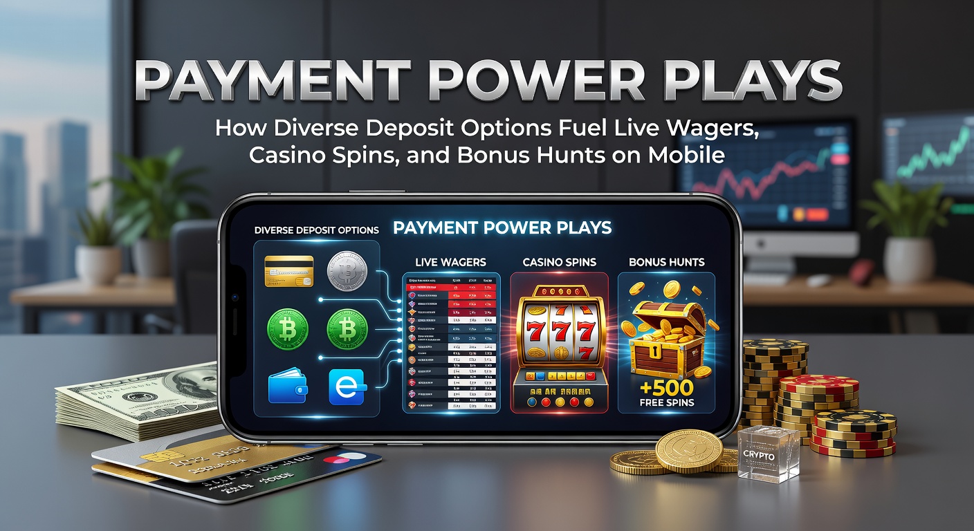 Mobile phone displaying various payment icons like cards, e-wallets, and crypto alongside live betting odds and casino slots