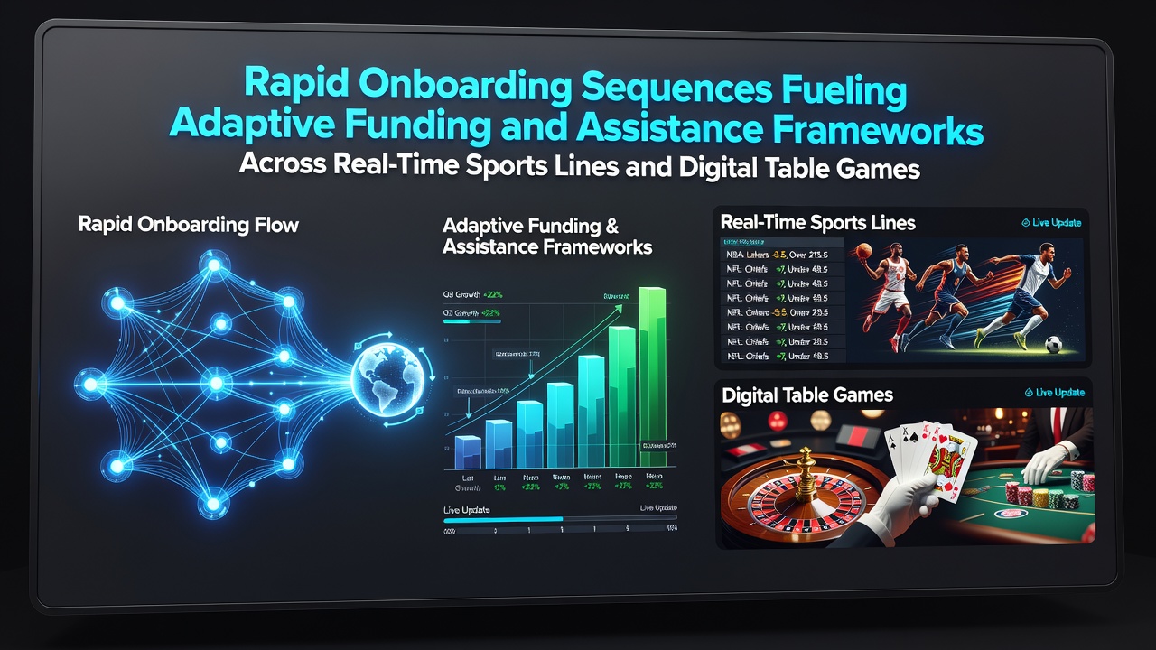 Illustration of mobile app onboarding process connecting to live sports odds and digital table games interface