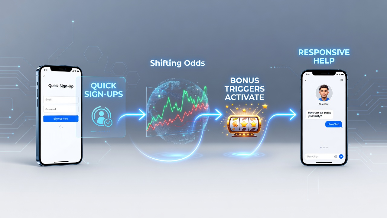 Mobile app interface showing sign-up screen transitioning to live sports betting dashboard with shifting odds