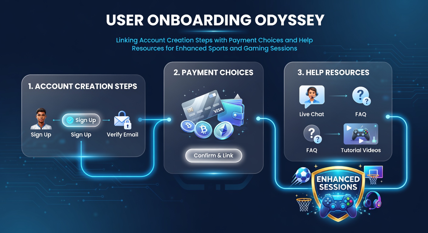 Illustration of user onboarding flow showing account creation steps integrated with payment options and help resources in sports betting and gaming apps